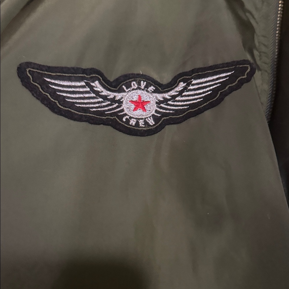 Express Olive Green Bomber Jacket with Patches - Picture 7 of 7
